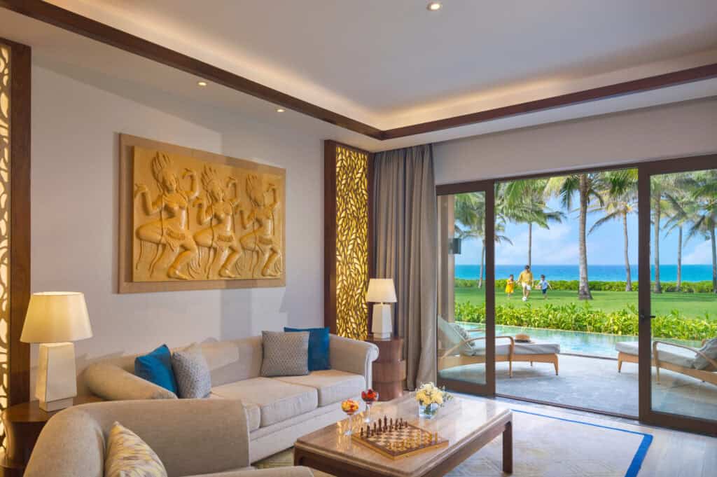 Only a few steps from the sand, the stunning Beach Front 1 Bedroom Pool Villa is the perfect location for couples who can enjoy the outside terrace, with sun loungers and a private plunge pool.