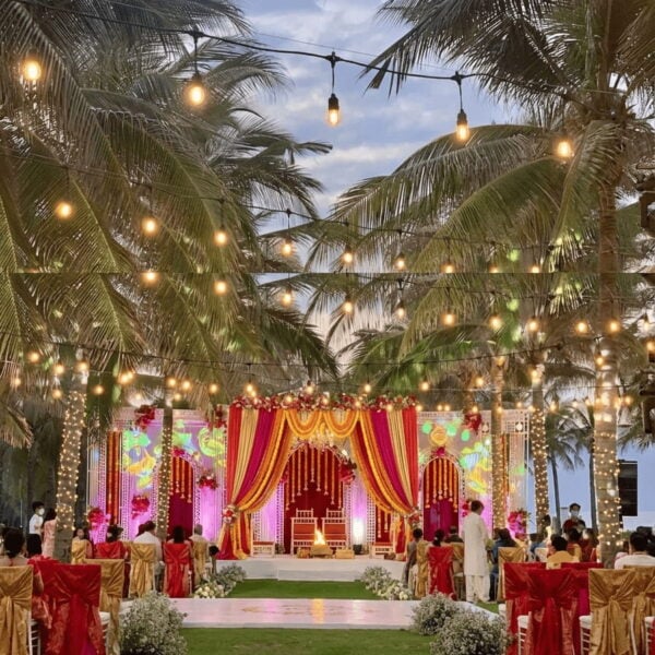 Festive string lights for an evening Indian wedding celebration at Mövenpick Resort Cam Ranh, Vietnam