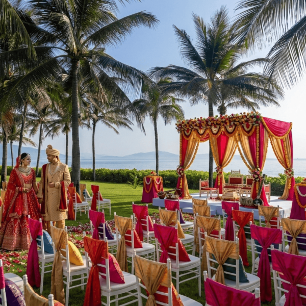 Indian wedding ceremony with oceanfront mandap at Mövenpick Resort Cam Ranh, Vietnam